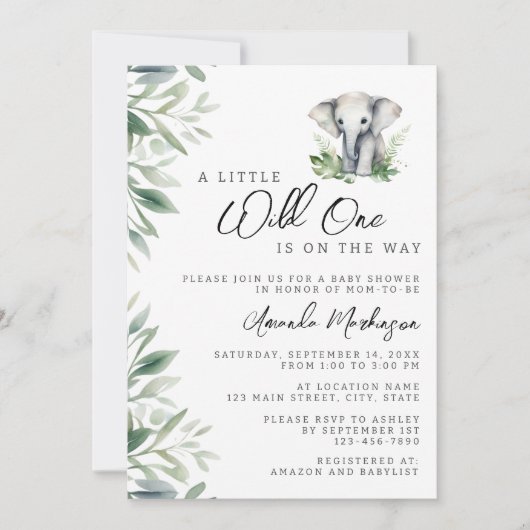 Eine kleine Wild One Safari Elephant Baby Dusche Einladung (Vorderseite)