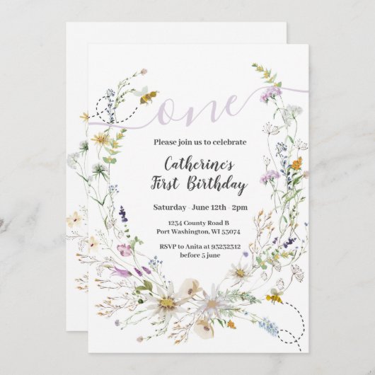 Eine kleine Wildblume 1. Geburtstag Einladung (Vorne/Hinten)