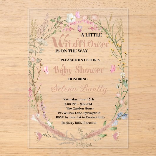 Eine kleine Wildblume Baby Girl Dusche Acryleinladungen (Vorderseite)