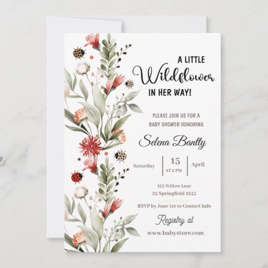 Eine kleine Wildblume Baby Girl Dusche Ladybug Einladung (Vorderseite)