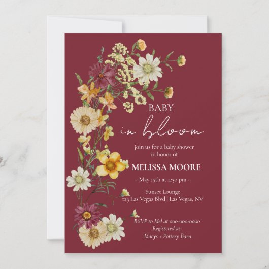 Eine kleine Wildblume Burgundy Babydusche Einladung (Vorderseite)