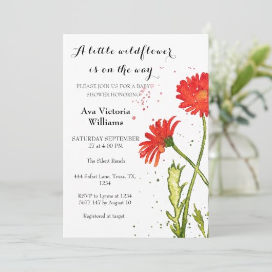 Eine kleine Wildblume Girl Baby Dusche Orange Blum Einladung (Stehend Vorderseite)