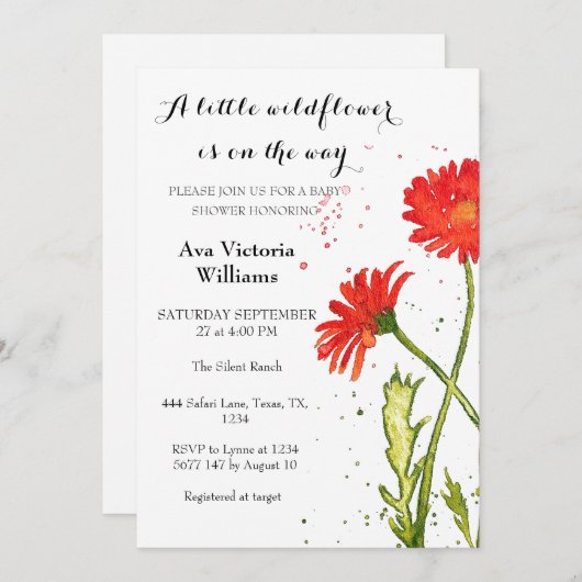 Eine kleine Wildblume Girl Baby Dusche Orange Blum Einladung (Vorne/Hinten)