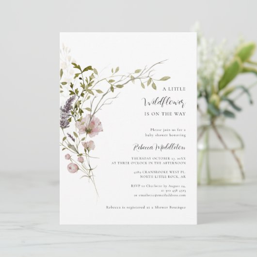 Eine kleine Wildblume Girl Babydusche Einladung (Stehend Vorderseite)