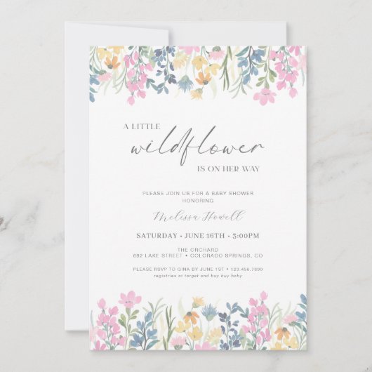 Eine kleine Wildblume ist auf dem Weg zur Babydusc Einladung (Vorderseite)