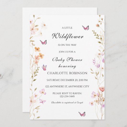 Eine kleine Wildblume ist auf dem Weg zur Babydusc Einladung (Vorne/Hinten)