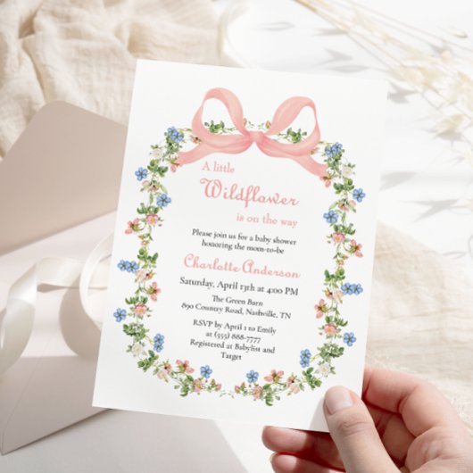 Eine kleine Wildblume Pink Bow Babydusche Einladung
