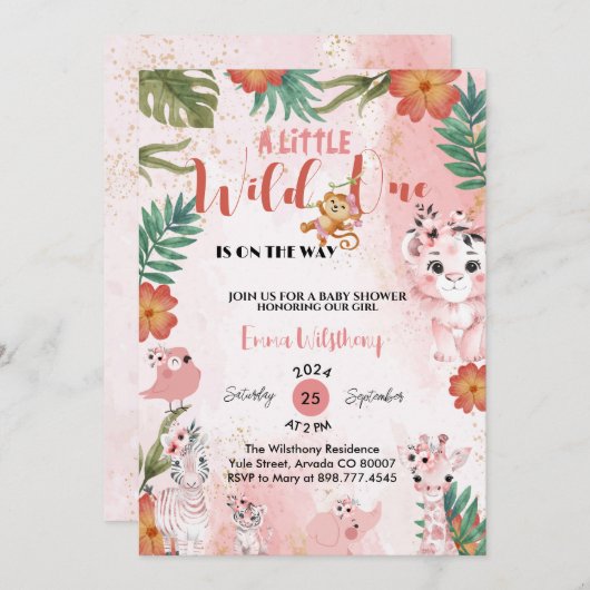 eine kleine wilde Safari-Girl pink-Babydusche Einladung (Vorne/Hinten)