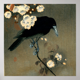 Eine Krähe und Blüten von Ohara Koson Vintage Poster