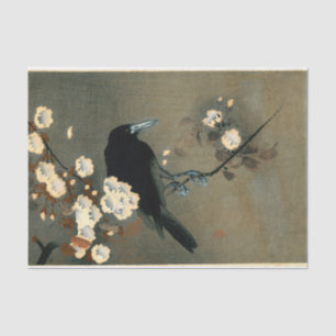 Eine Krähe und Blüten von Ohara Koson Vintage Seidenpapier