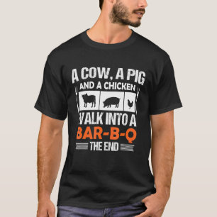 Eine Kuh, ein Schwein und ein Huhn gehen in einen T-Shirt