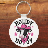 Eine Kuh mit einem lebhaften rosa Cowboy Schlüsselanhänger (Vorderseite)