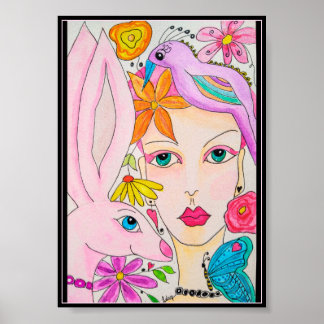 Eine Lady, ein Bunny und ein Vogel Poster
