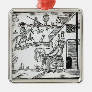 Eine Land-Szene mit einem Frauenspinnen Silbernes Ornament