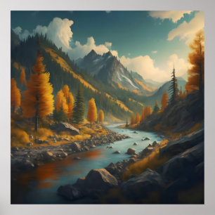 eine Landschaft mit Bäumen, Bergen und einem Riff Poster