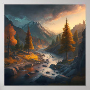 eine Landschaft mit Bäumen, Bergen und einem Riff Poster