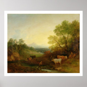 Eine Landschaft mit Vieh und Zahlen durch einen Poster