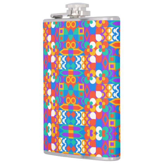 Eine lebendige Flasche mit einem farbenfrohen geom Flachmann (Links)