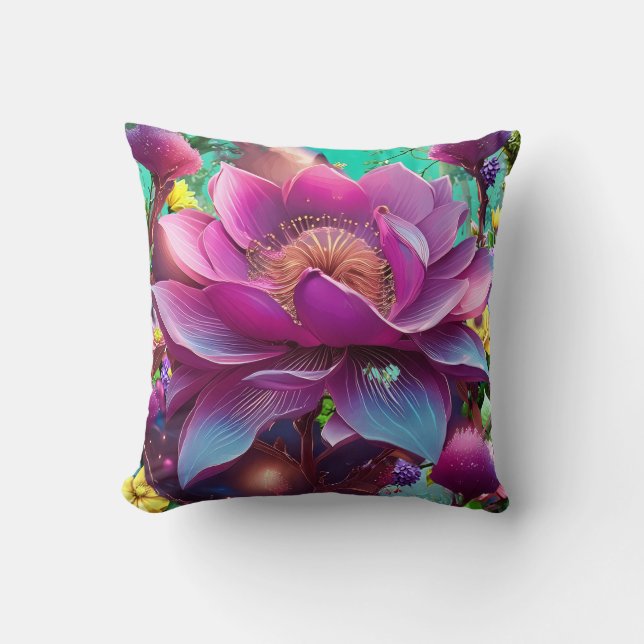 Eine lebhafte, rosa und lila Blume Kissen (Vorderseite)