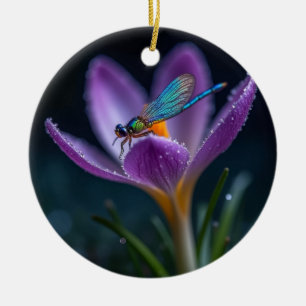 Eine Libelle auf einer Krokusblüte Keramik Ornament