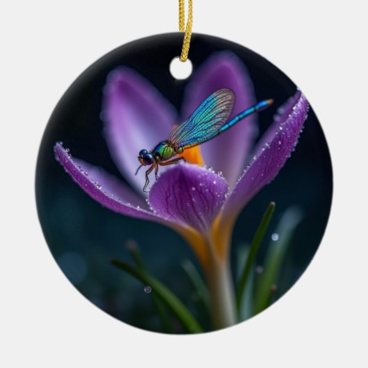 Eine Libelle auf einer Krokusblüte Keramik Ornament (Vorne)