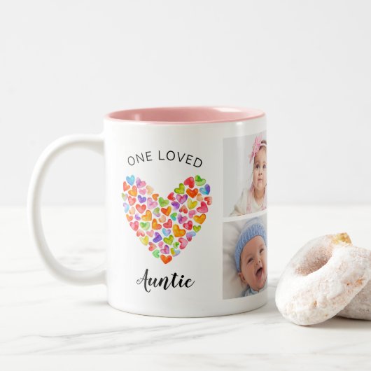 Eine liebte Tante Vier FotoCollage Zweifarbige Tasse (Mit Donut)