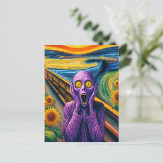 Eine Lila Alien in den Sonnenblumen Postkarte (Stehend Vorderseite)