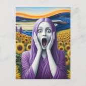 Eine Lila Alien schreit die Frau vor Sonnenblumen Postkarte (Vorderseite)