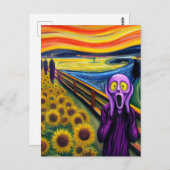 Eine Lila Alien schreit in den Sonnenblumen Postkarte (Vorne/Hinten)