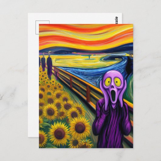 Eine Lila Alien schreit in den Sonnenblumen Postkarte (Vorne/Hinten)