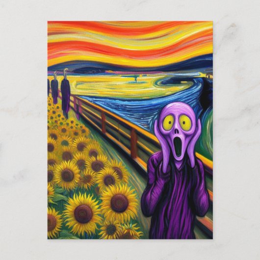 Eine Lila Alien schreit in den Sonnenblumen Postkarte (Vorderseite)