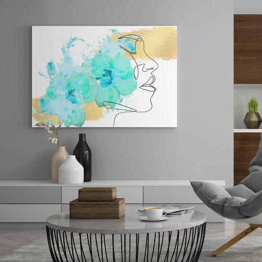 Eine Linie Gesichtskunst mit blauen Blumen Flecken Leinwanddruck