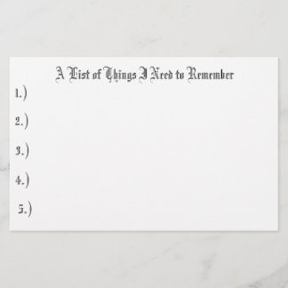 Eine Liste von an Sachen, die ich mich erinnern Briefpapier