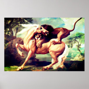 Eine Löwe attackiert ein Pferdebild Poster