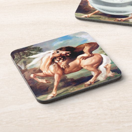 Eine Löwe attackiert ein Pferdegemälde -17620 Getränkeuntersetzer (Linke Seite)