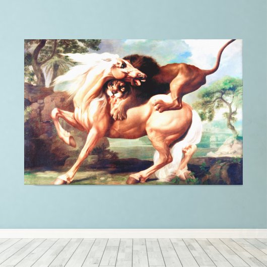 Eine Löwe attackiert ein Pferdegemälde -17620 Leinwanddruck (Insitu (Holzboden))