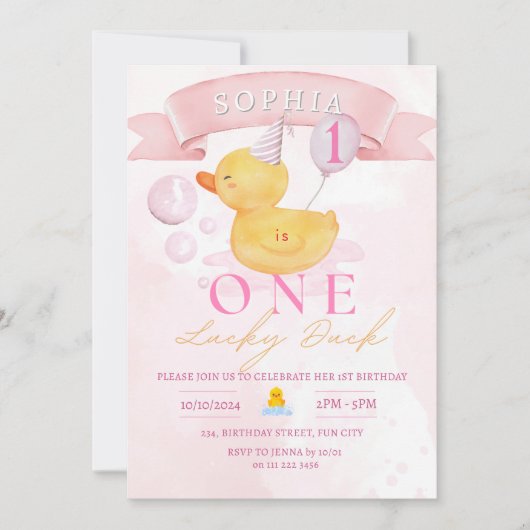 Eine Lucky Duck Pink Girl Rubber Duck 1. Geburtsta Einladung (Vorderseite)