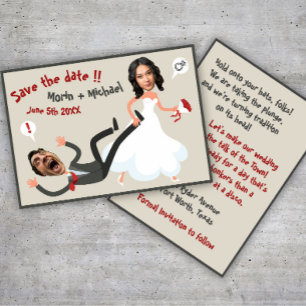 Eine lustige Cartoon-Foto-Gesicht-Hochzeit-save-th Einladung