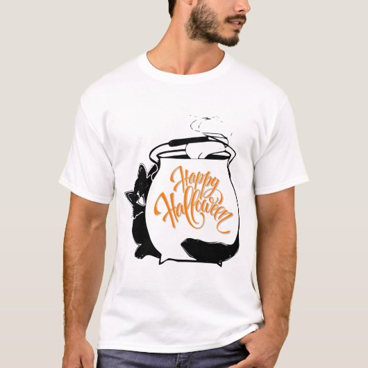 Eine lustige Katze hinter Cauldron, glückliches Ha T-Shirt (Vorderseite)