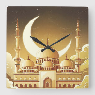Eine majestätische Moschee unter dem Halbmond Quadratische Wanduhr