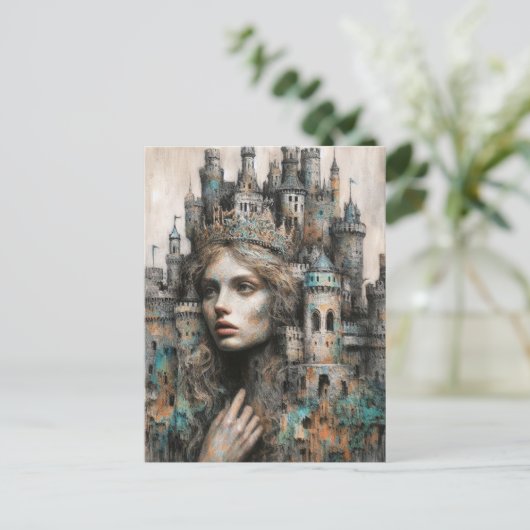 Eine Märchenkönigin mit Schloss auf ihrem Kopf Postkarte (Stehend Vorderseite)