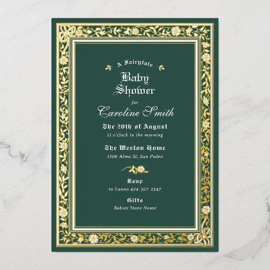 Eine Märchenwald-Grün- und Gold-Baby-Dusche Folieneinladung (Vorderseite)