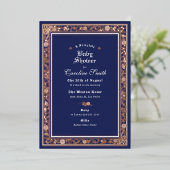 Eine Märchenwald Navy Blue Rose Gold Baby Dusche Folieneinladung (Stehend vorne)