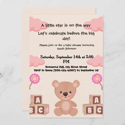 Eine Menge Freude erwartet Sie, eine Baby-Dusche. Einladung (Vorne/Hinten)