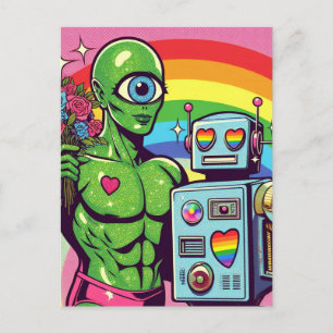 Eine Mit Augen grüne Alien und ein Roboter in der Postkarte