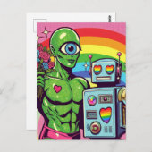 Eine Mit Augen grüne Alien und ein Roboter in der  Postkarte (Vorne/Hinten)