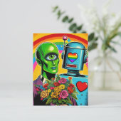 Eine Mit Augen grüne Alien und eine Robot-Hochzeit Postkarte (Stehend Vorderseite)