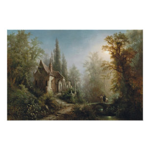 Eine mondbeleuchtete Nacht über eine Kapelle und R Poster