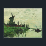 Eine Mühle in Zandam 2 - Claude Monet - 1871 Postkarte<br><div class="desc">Zeigen Sie den Leuten Ihren Stil und Ihre Raffinesse mit dieser Reproduktion eines Kunstwerks mit dem Titel "Eine Mühle in Zandam" von Claude Monet. Landschaftsbild einer holländischen Windmühle neben einem Fluss. Gemalt um 1871.</div>