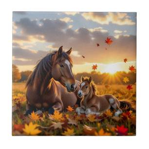 Eine Mutterstute und ihr Fohlen im Herbst Fliese